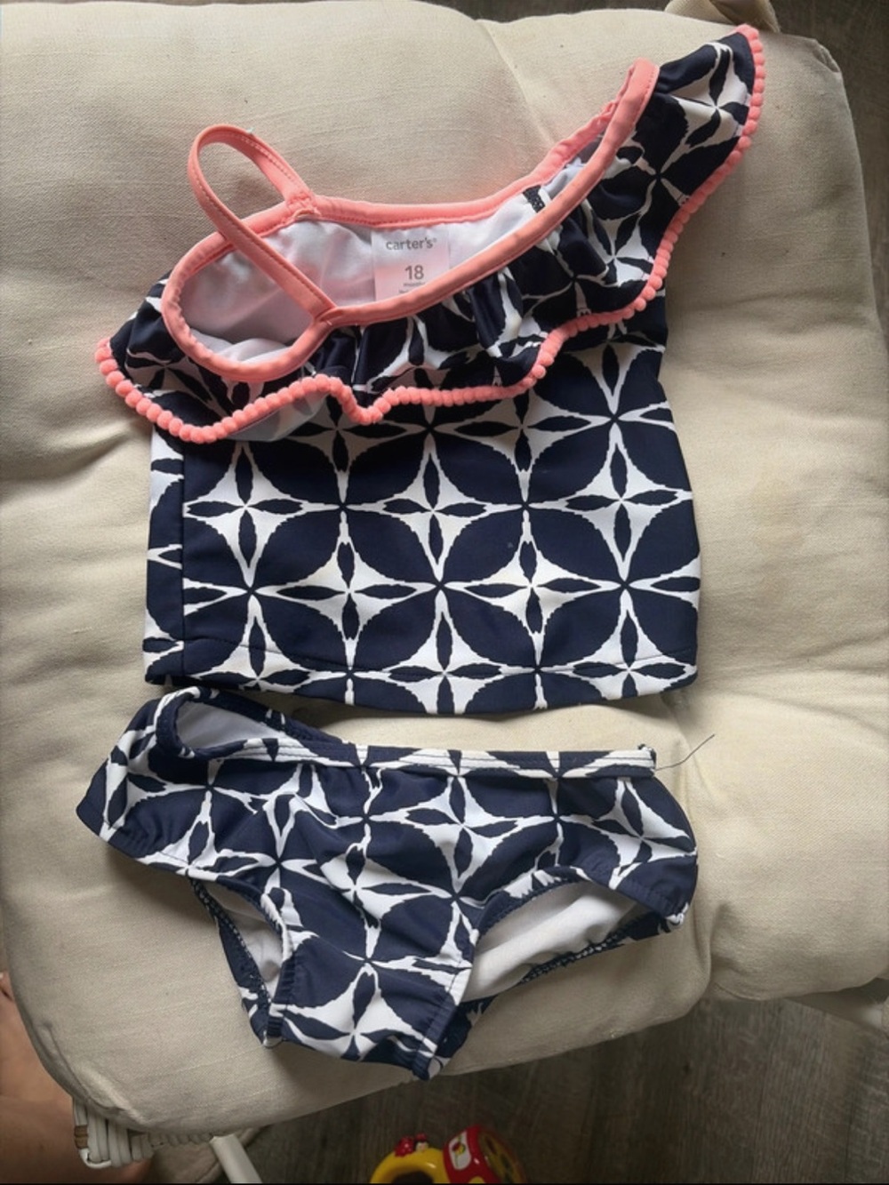 Bathing one shoulder ruffle navy blue white orange pom two piece swim suit